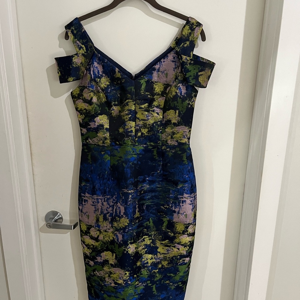 Maggy London Blue and Green Off-Shoulder Midi Dress